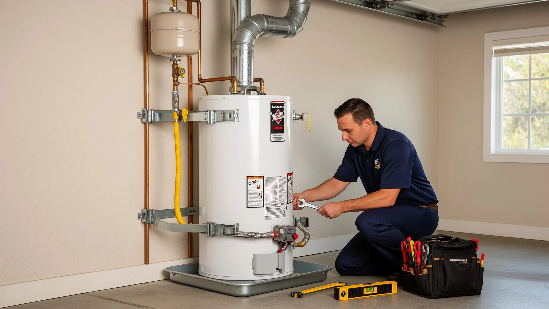 Licensed San Jose technician installing a code-compliant 50-gallon gas water heater with seismic strapping, expansion tank, and B-vent flue