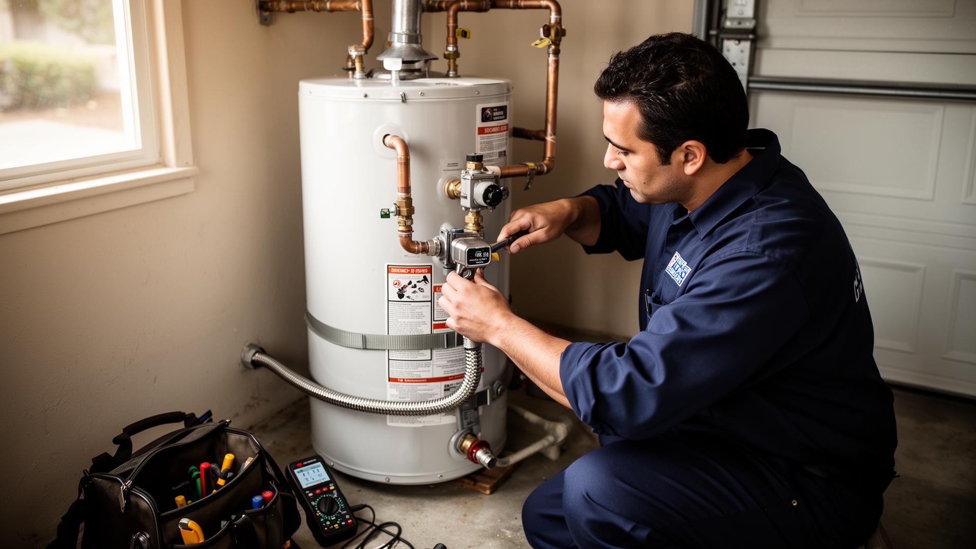 Licensed San Jose plumber diagnosing a leaking residential water heater in a garage