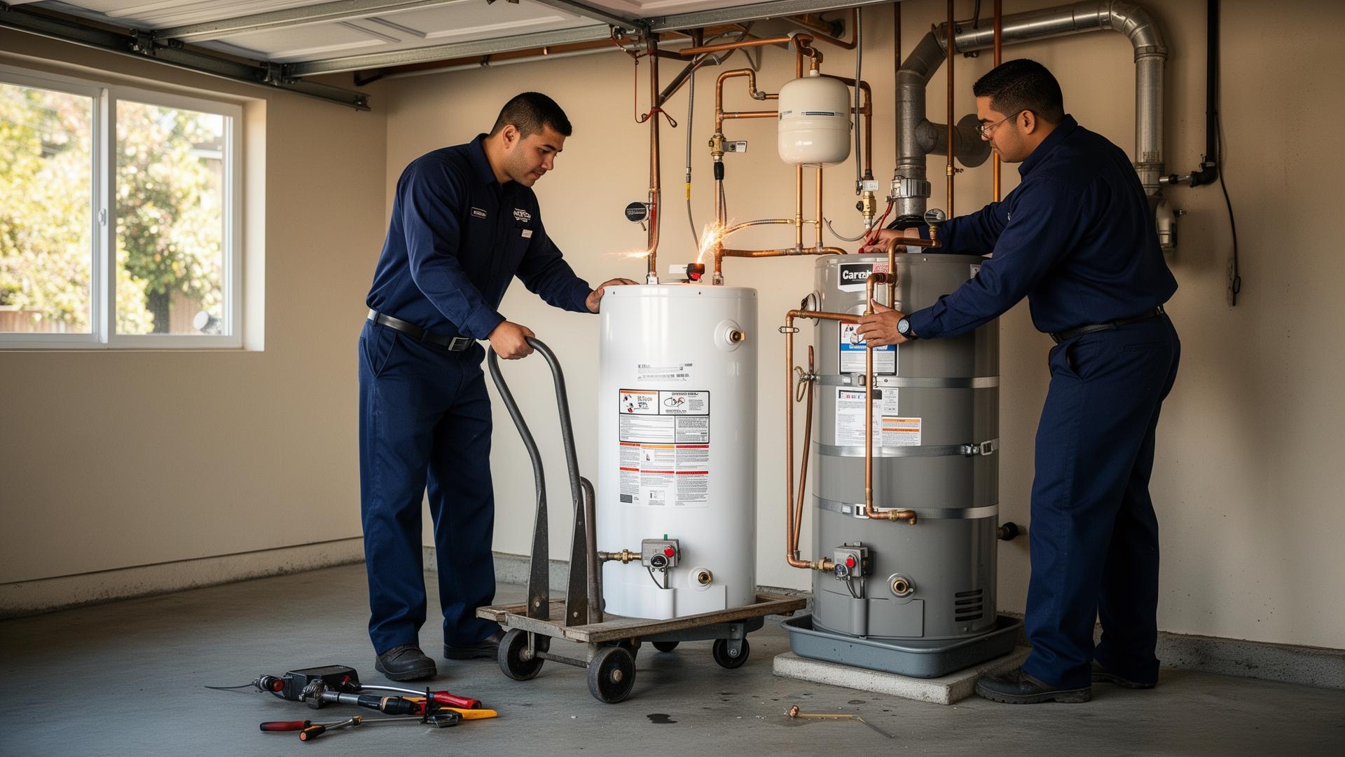 Licensed Sunnyvale plumber replacing a residential water heater in a Heritage District garage